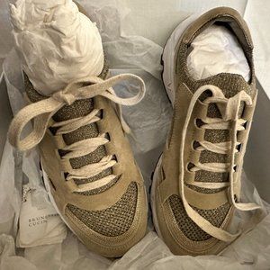 Brunello Cucinelli Pull-On Style w/ Laces Gold Knit Sneakers